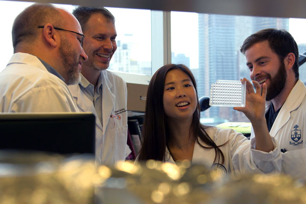 U of T professors Craig Simmons and Peter Zandstra and PhD students Jennifer Ma and Curtis Woodford are among the dozens of researchers who will work to advance treatments for heart patients at the Ted Rogers Centre for Heart Research